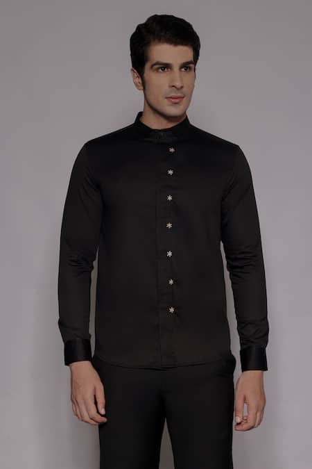 Lacquer Embassy Black Cotton Satin Zari, Embroidery Soreil Hand Shirt 