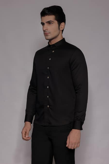 Shop_Lacquer Embassy_Black Cotton Satin Embroidery, Zari Soreil Hand Shirt _Online_at_Aza_Fashions