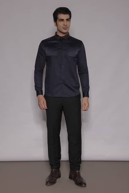 Lacquer Embassy_Navy Cotton Satin Metallic Thread, Zari Aston Tape Embellished Shirt _Online_at_Aza_Fashions