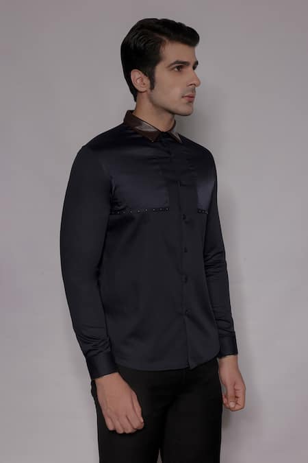 Buy_Lacquer Embassy_Navy Cotton Satin Metallic Thread, Zari Aston Tape Embellished Shirt _Online_at_Aza_Fashions
