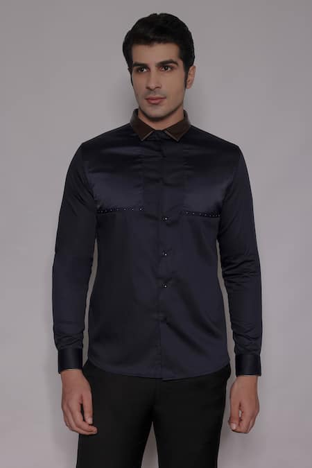 Lacquer Embassy Navy Cotton Satin Metallic Thread, Zari Aston Tape Embellished Shirt 