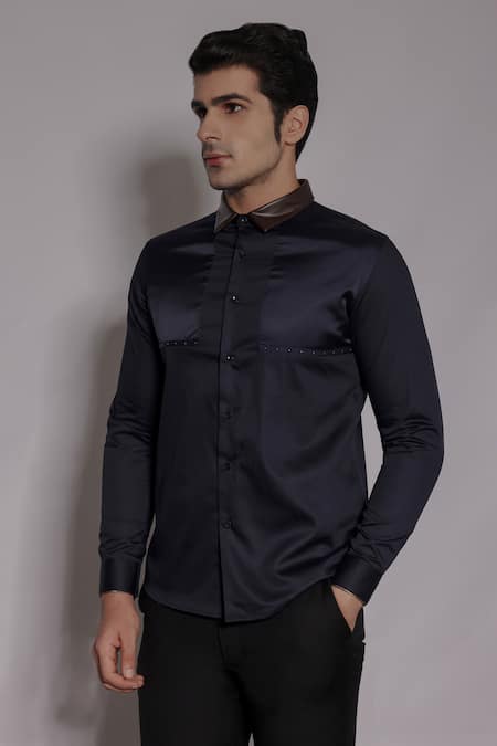 Shop_Lacquer Embassy_Navy Cotton Satin Metallic Thread, Zari Aston Tape Embellished Shirt _Online_at_Aza_Fashions