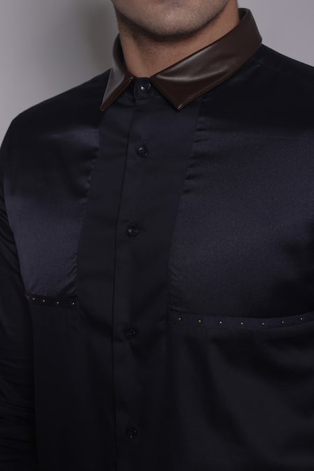 Lacquer Embassy_Navy Cotton Satin Metallic Thread, Zari Aston Tape Embellished Shirt _at_Aza_Fashions