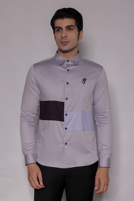 Lacquer Embassy Purple Cotton Satin Embroidery, Piping Langley Placement Shirt 