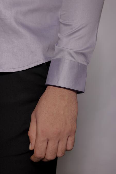 Lacquer Embassy_Purple Cotton Satin Cut Work, Embroidery, Piping Langley Placement Shirt _at_Aza_Fashions