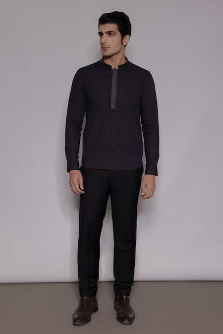 Lacquer Embassy_Blue Cotton Wroxton Mandarin Collar Shirt _Online_at_Aza_Fashions