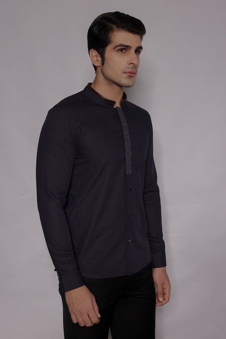 Buy_Lacquer Embassy_Blue Cotton Wroxton Mandarin Collar Shirt _Online_at_Aza_Fashions