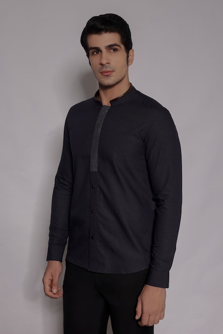Shop_Lacquer Embassy_Blue Cotton Wroxton Mandarin Collar Shirt _Online_at_Aza_Fashions