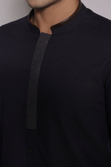 Lacquer Embassy_Blue Cotton Wroxton Mandarin Collar Shirt _at_Aza_Fashions