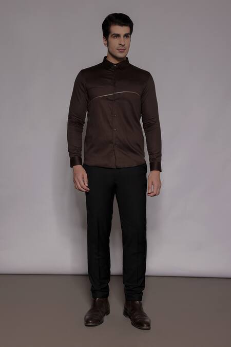 Lacquer Embassy_Brown Cotton Satin Zari, Embroidery Stanhope Shirt _Online_at_Aza_Fashions