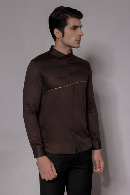 Buy_Lacquer Embassy_Brown Cotton Satin Zari, Embroidery Stanhope Shirt _Online_at_Aza_Fashions