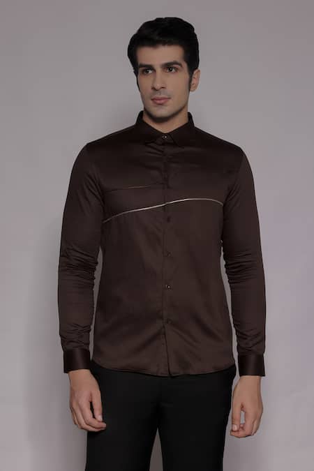 Lacquer Embassy Brown Cotton Satin Zari, Embroidery Stanhope Shirt 