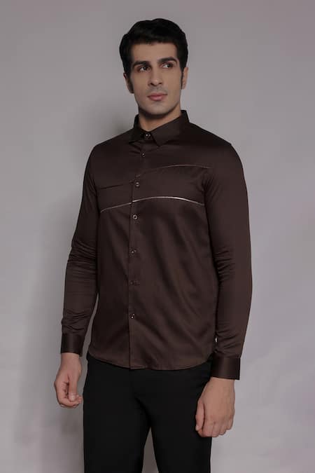 Lacquer Embassy_Brown Cotton Satin Zari, Embroidery Stanhope Shirt _at_Aza_Fashions
