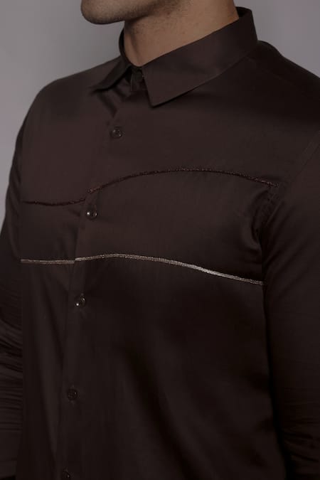 Buy_Lacquer Embassy_Brown Cotton Satin Zari, Embroidery Stanhope Shirt 