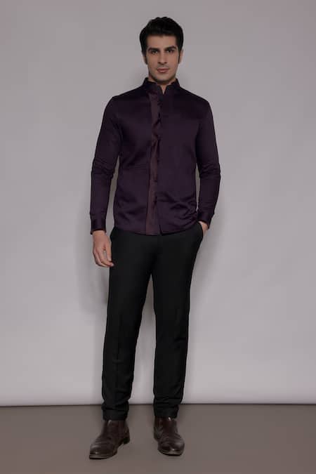 Lacquer Embassy_Purple Cotton Satin Montclair Pintuck Shirt _at_Aza_Fashions
