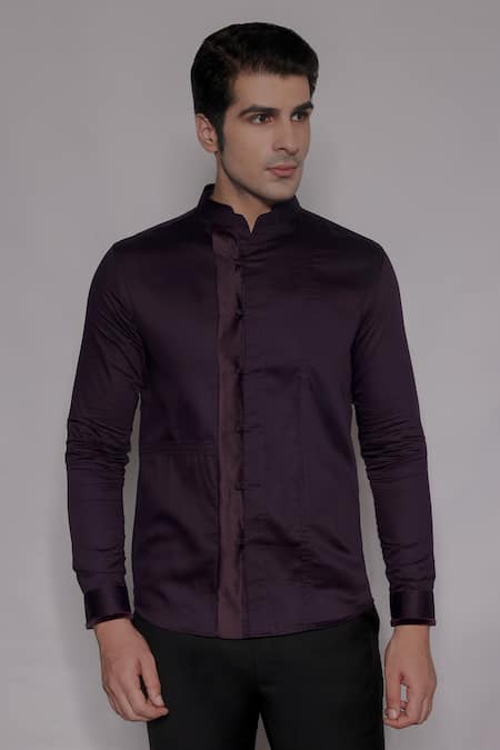 Lacquer Embassy Purple Cotton Satin Piping Montclair Pintuck Shirt 