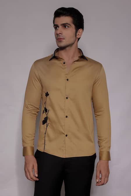 Lacquer Embassy Tan Cotton Satin Embroidery Belvoir Floral Placement Shirt 