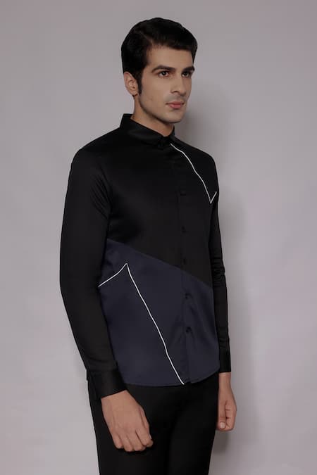 Buy_Lacquer Embassy_Black Cotton Satin Piping Inglewood Placement Embellished Shirt _Online_at_Aza_Fashions
