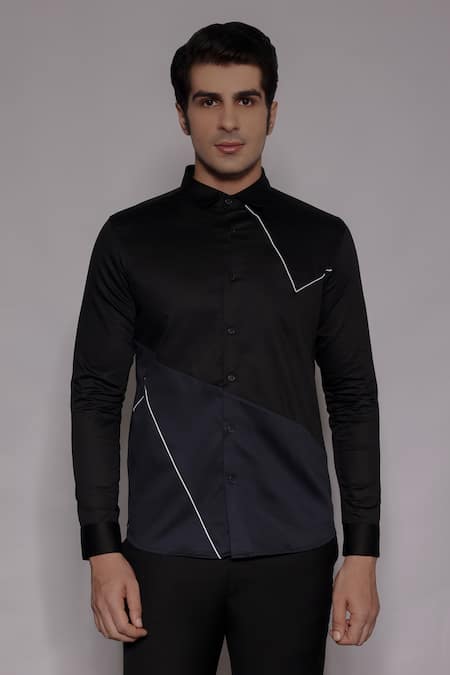 Lacquer Embassy Black Cotton Satin Piping Inglewood Placement Embellished Shirt 