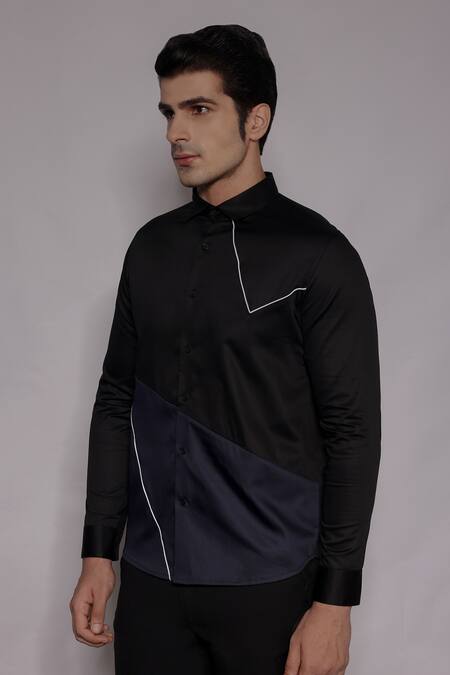 Shop_Lacquer Embassy_Black Cotton Satin Piping Inglewood Placement Embellished Shirt _Online_at_Aza_Fashions