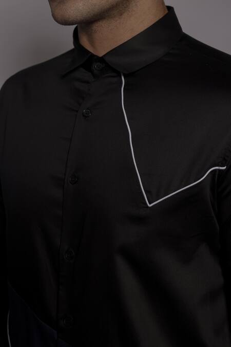 Lacquer Embassy_Black Cotton Satin Piping Inglewood Placement Embellished Shirt _at_Aza_Fashions