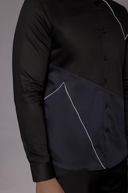 Buy_Lacquer Embassy_Black Cotton Satin Piping Inglewood Placement Embellished Shirt 