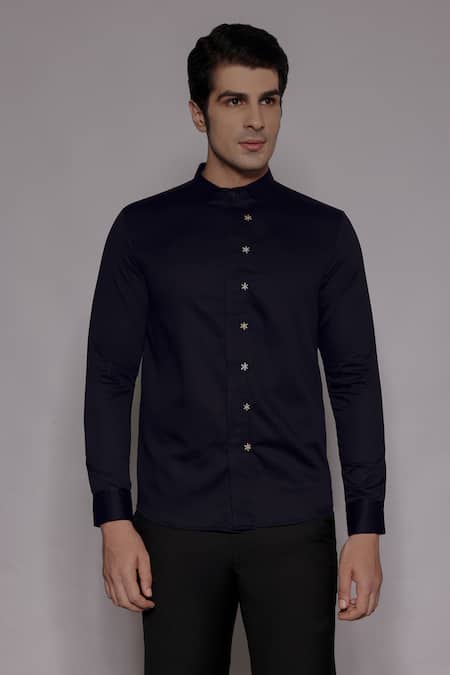 Lacquer Embassy Navy Cotton Satin Embroidery Bramcote Zari Floral Placement Shirt 