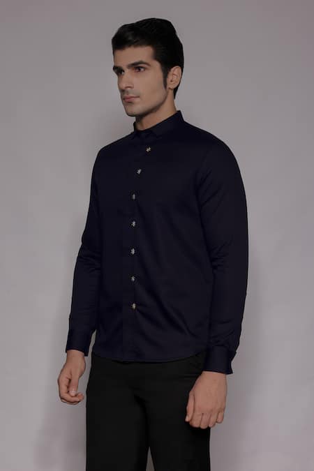 Lacquer Embassy_Navy Cotton Satin Embroidery, Zari Bramcote Floral Placement Shirt _Online_at_Aza_Fashions