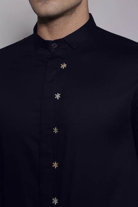 Lacquer Embassy_Navy Cotton Satin Embroidery, Zari Bramcote Floral Placement Shirt _at_Aza_Fashions
