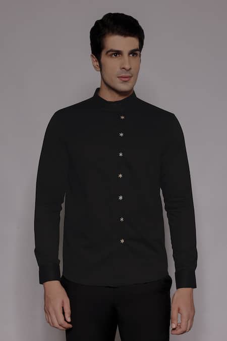 Lacquer Embassy Charcoal Cotton Satin Zari, Embroidery Elverson Floral Shirt 