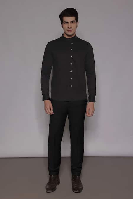 Lacquer Embassy_Charcoal Cotton Satin Zari, Embroidery Elverson Floral Shirt _Online_at_Aza_Fashions