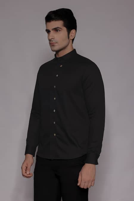 Buy_Lacquer Embassy_Charcoal Cotton Satin Zari, Embroidery Elverson Floral Shirt _Online_at_Aza_Fashions