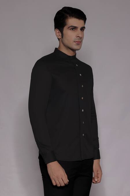 Shop_Lacquer Embassy_Charcoal Cotton Satin Zari, Embroidery Elverson Floral Shirt _Online_at_Aza_Fashions