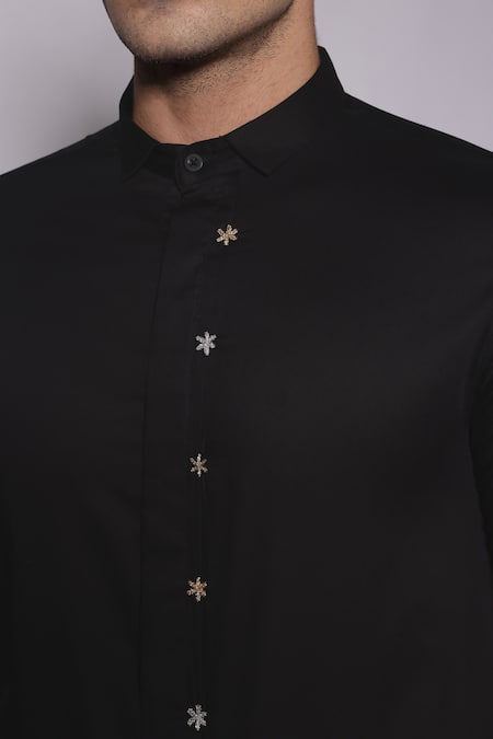 Lacquer Embassy_Charcoal Cotton Satin Zari, Embroidery Elverson Floral Shirt _at_Aza_Fashions