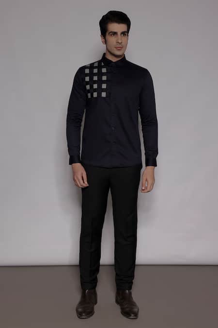 Lacquer Embassy_Navy Cotton Satin Patchwork Linwood Basket Weave Shirt _Online_at_Aza_Fashions