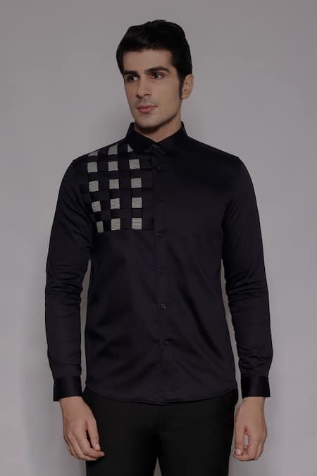 Lacquer Embassy Navy Cotton Satin Linwood Basket Weave Shirt 