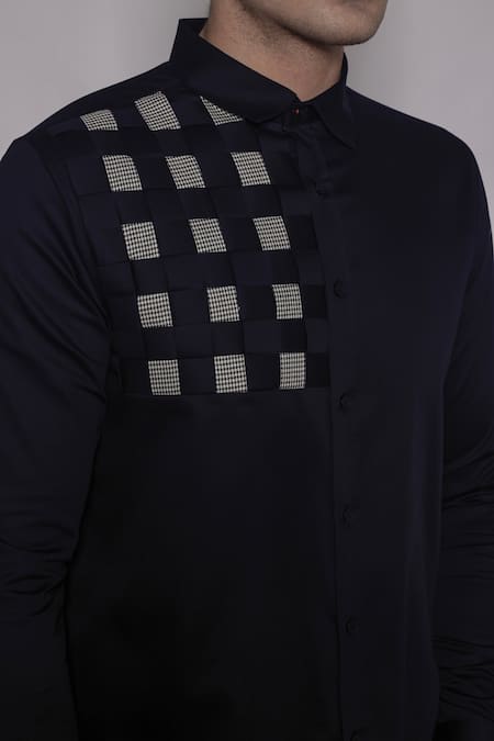 Shop_Lacquer Embassy_Navy Cotton Satin Patchwork Linwood Basket Weave Shirt _Online_at_Aza_Fashions