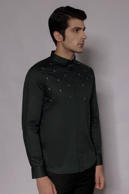 Buy_Lacquer Embassy_Emerald Green Cotton Satin Zari, Embroidery Winborne Work Shirt _Online_at_Aza_Fashions