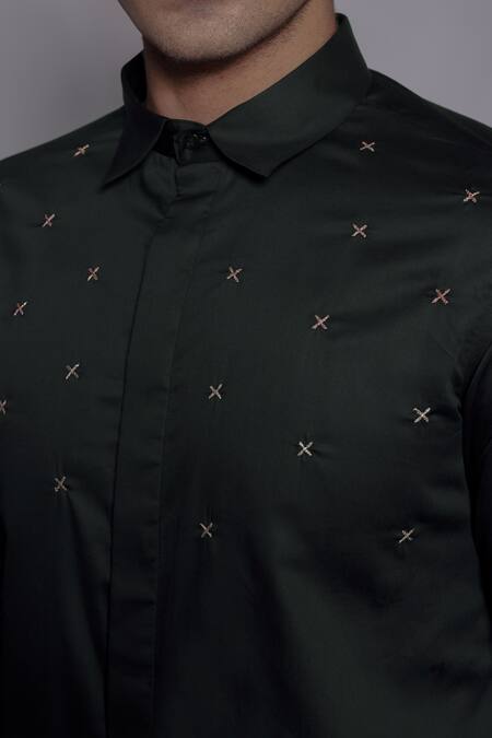 Shop_Lacquer Embassy_Emerald Green Cotton Satin Zari, Embroidery Winborne Work Shirt _Online_at_Aza_Fashions