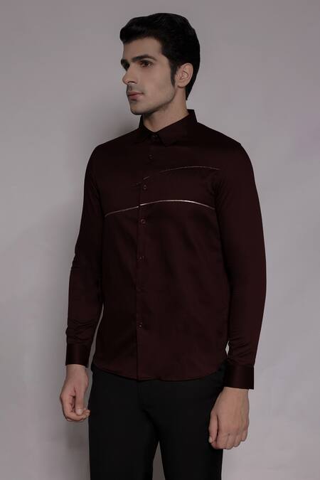 Lacquer Embassy_Maroon Cotton Satin Zari, Embroidery Alderton Abstract Shirt _at_Aza_Fashions