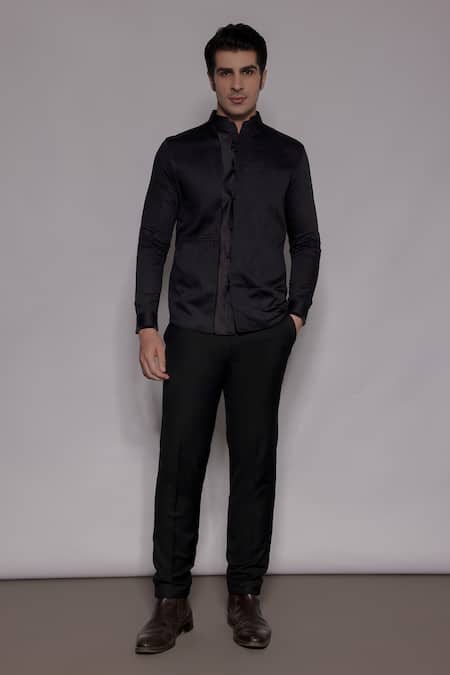 Lacquer Embassy_Black Cotton Satin Langford Pintuck Shirt _Online_at_Aza_Fashions