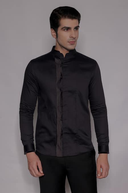 Lacquer Embassy Black Cotton Satin Langford Pintuck Shirt 