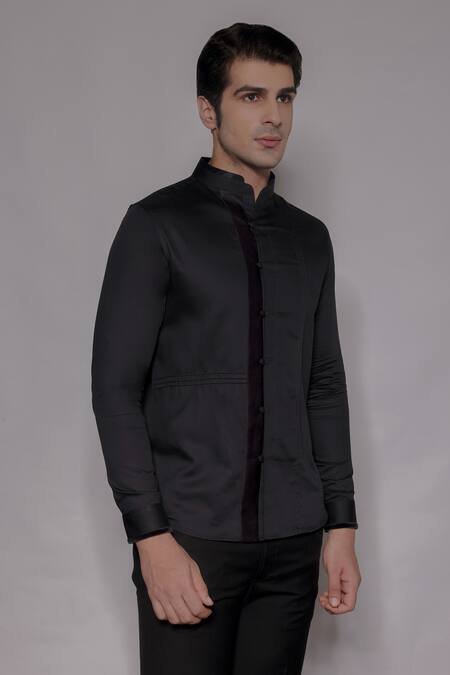 Buy_Lacquer Embassy_Black Cotton Satin Langford Pintuck Shirt _Online_at_Aza_Fashions