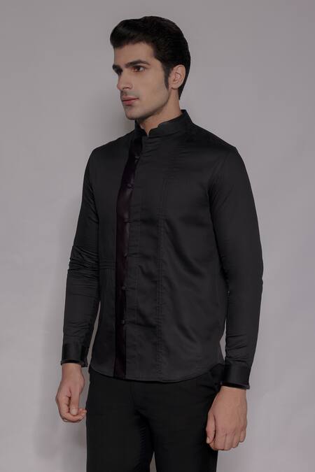 Shop_Lacquer Embassy_Black Cotton Satin Langford Pintuck Shirt _Online_at_Aza_Fashions