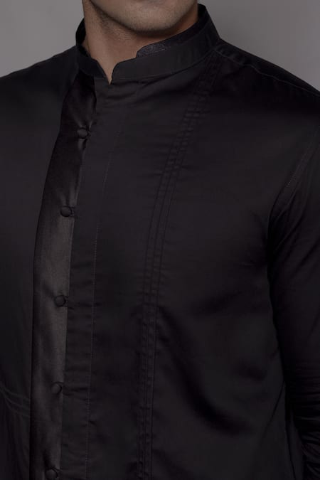 Lacquer Embassy_Black Cotton Satin Langford Pintuck Shirt _at_Aza_Fashions