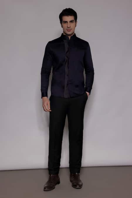 Lacquer Embassy_Navy Cotton Satin Embroidery, Piping Westerdale Shirt _Online_at_Aza_Fashions
