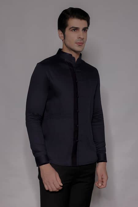 Buy_Lacquer Embassy_Navy Cotton Satin Embroidery, Piping Westerdale Shirt _Online_at_Aza_Fashions