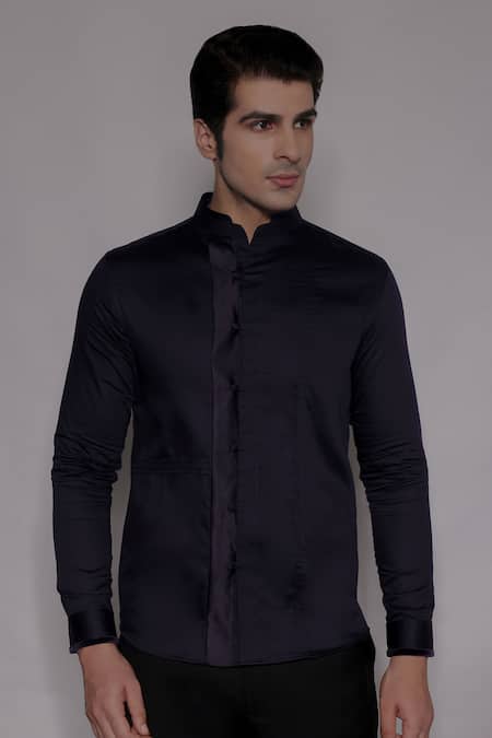 Lacquer Embassy Navy Cotton Satin Westerdale Shirt 