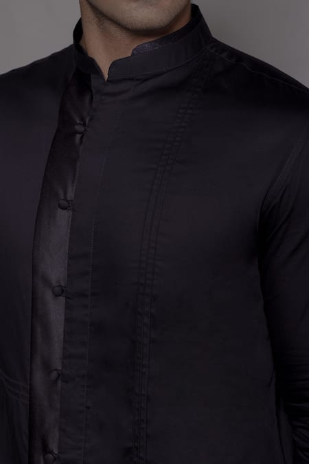 Shop_Lacquer Embassy_Navy Cotton Satin Embroidery, Piping Westerdale Shirt _Online_at_Aza_Fashions