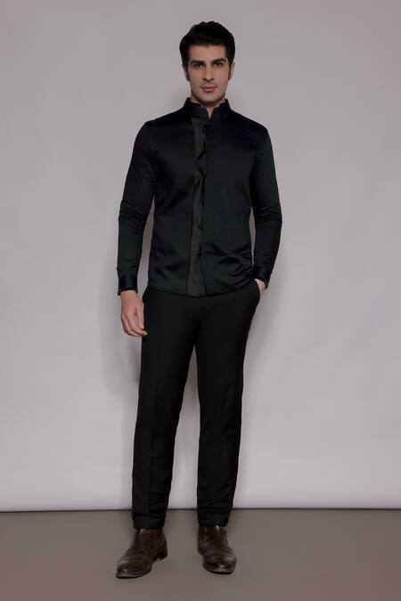Buy_Lacquer Embassy_Emerald Green Cotton Satin Piping Kingswell Mandarin Collar Shirt _Online_at_Aza_Fashions
